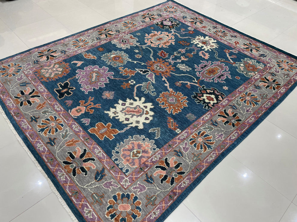 EORC Blue/Gray Hand Knotted Wool Colorful Mahal Classic Rug, 8'x10