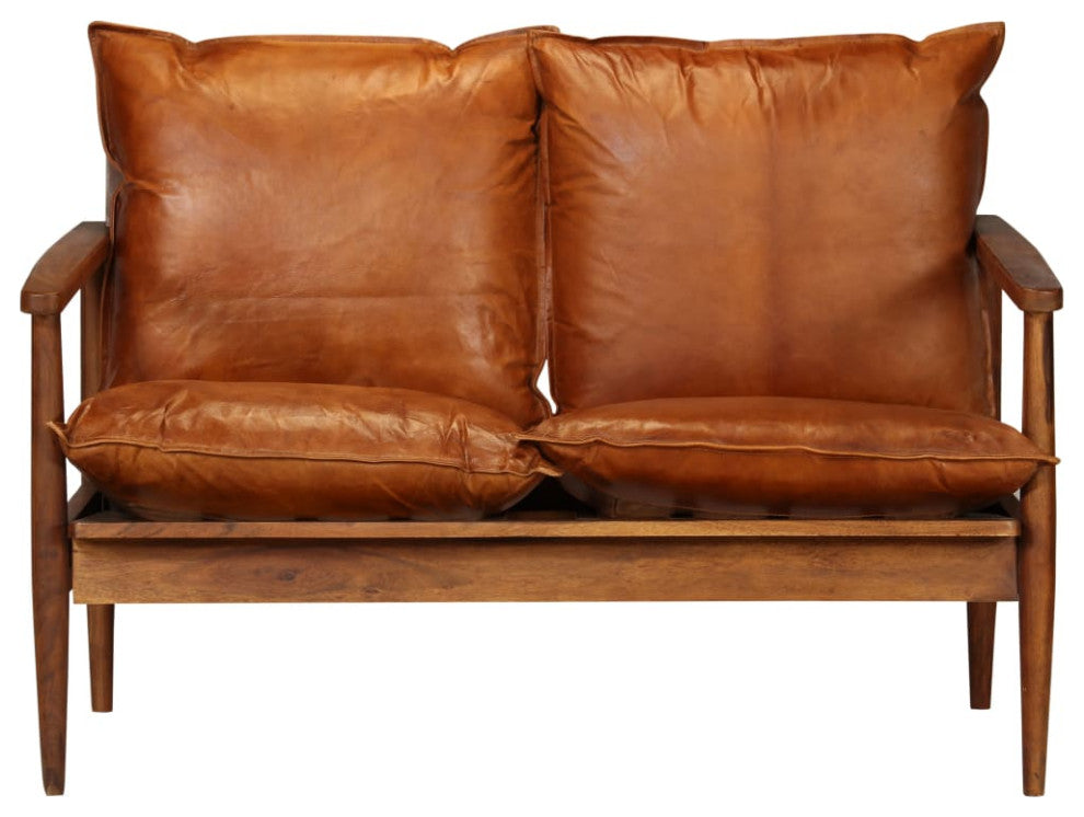 vidaXL 2-Seater Sofa Real Leather With Acacia Wood Brown
