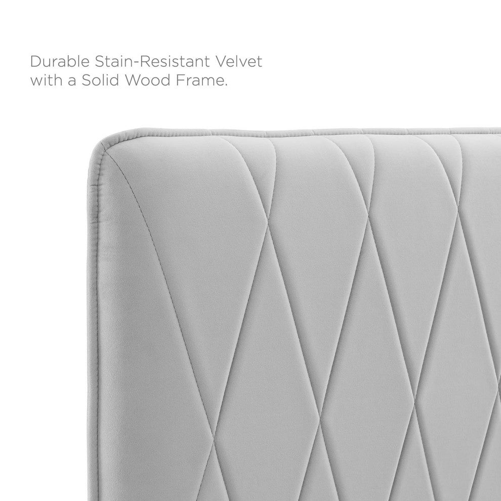 Platform Bed Frame, King Size, Velvet, Light Gray, Modern Contemporary