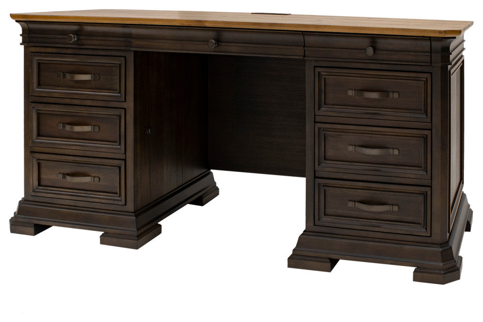 Executive Credenza, Desk With Solid Wood Plank Top, Fully Assembled, Brown