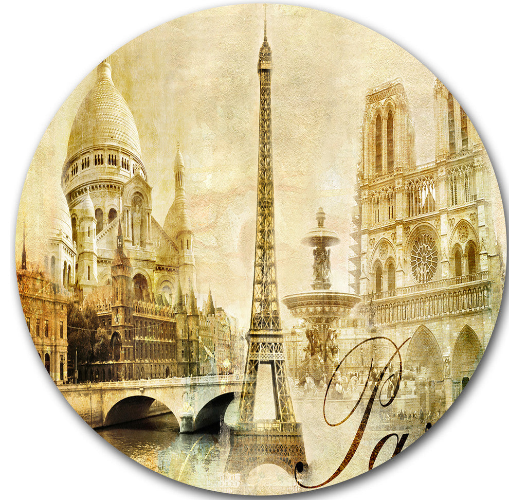 Old Beautiful Paris, Cityscape Digital Round Metal Wall Art, 23"