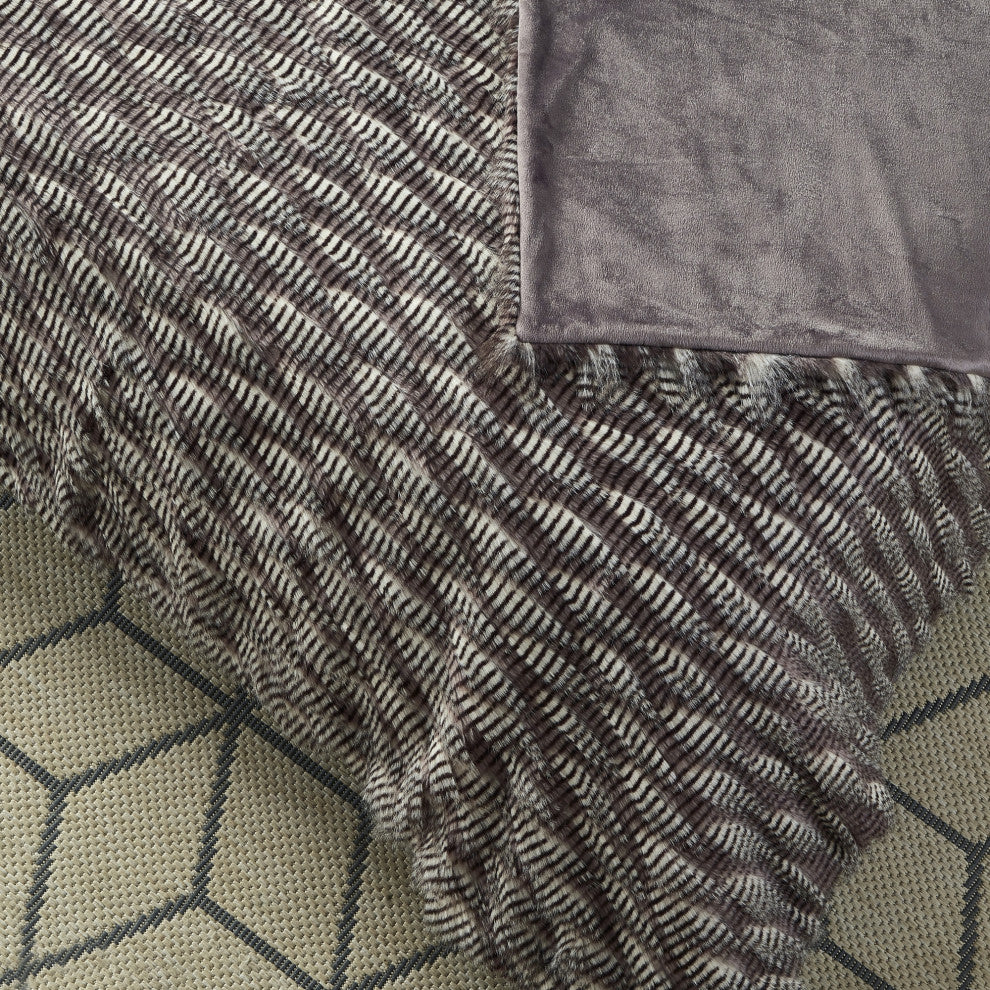 Rashidi Faux Feather Fur Throw 50"x60", Dark Grey