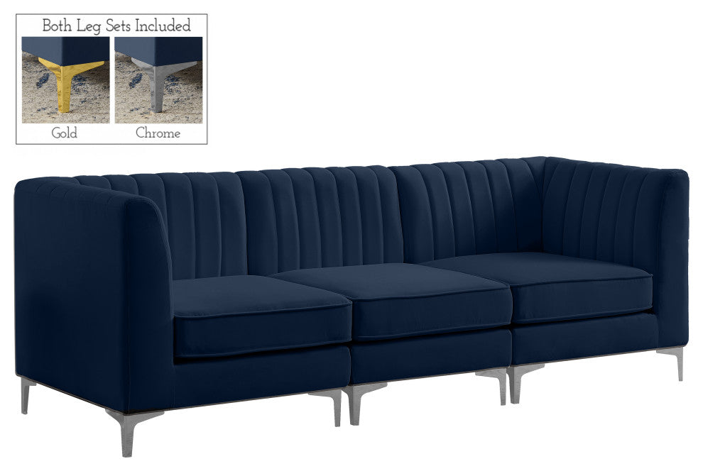 Alina Velvet Upholstered 3-Piece Modular Sofa, Navy
