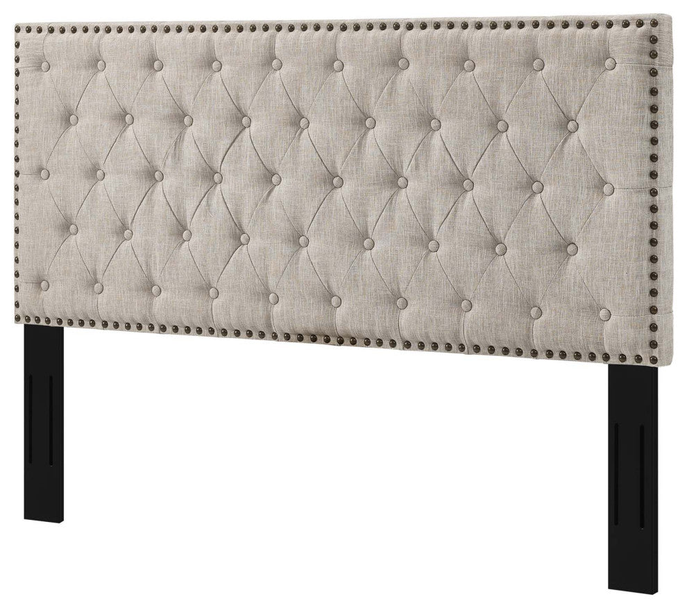 Contemporary Modern Bedroom Full and Queen Size Tufted Headboard, Fabric, Beige