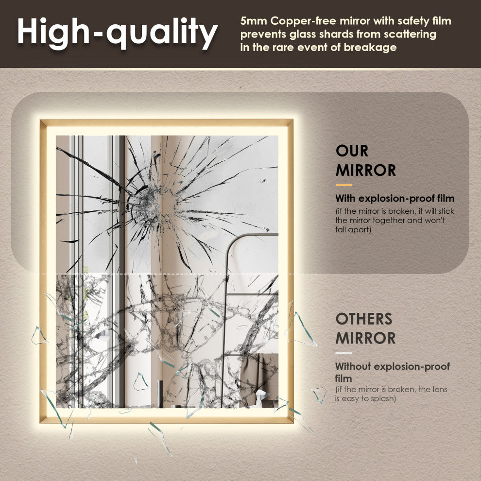 Apollo Anti-Fog Dimmable Vanity, LED Lighted Wall Mirror, Brushed Gold, 36"