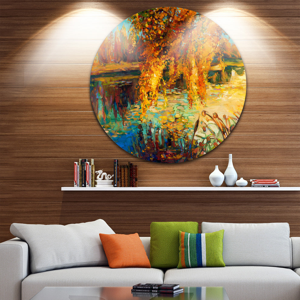Autumn Forest And Sky, Landscape Disc Metal Artwork, 23"