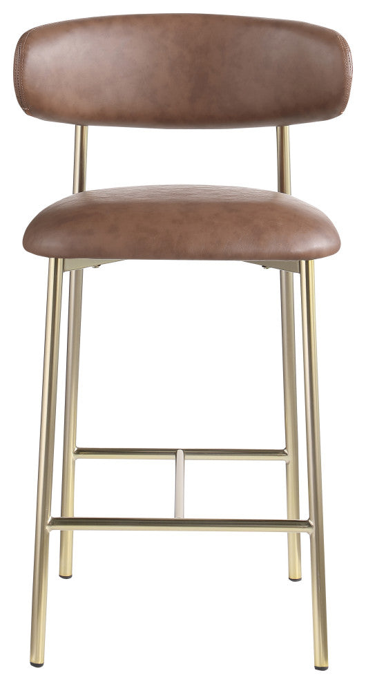 Lupita Upholstered Counter Stool, Brown, Vegan Leather, Brushed Gold, Set of 2