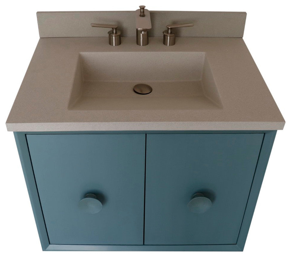 31" Single Vanity, Aqua Blue Finish With White Concrete Top
