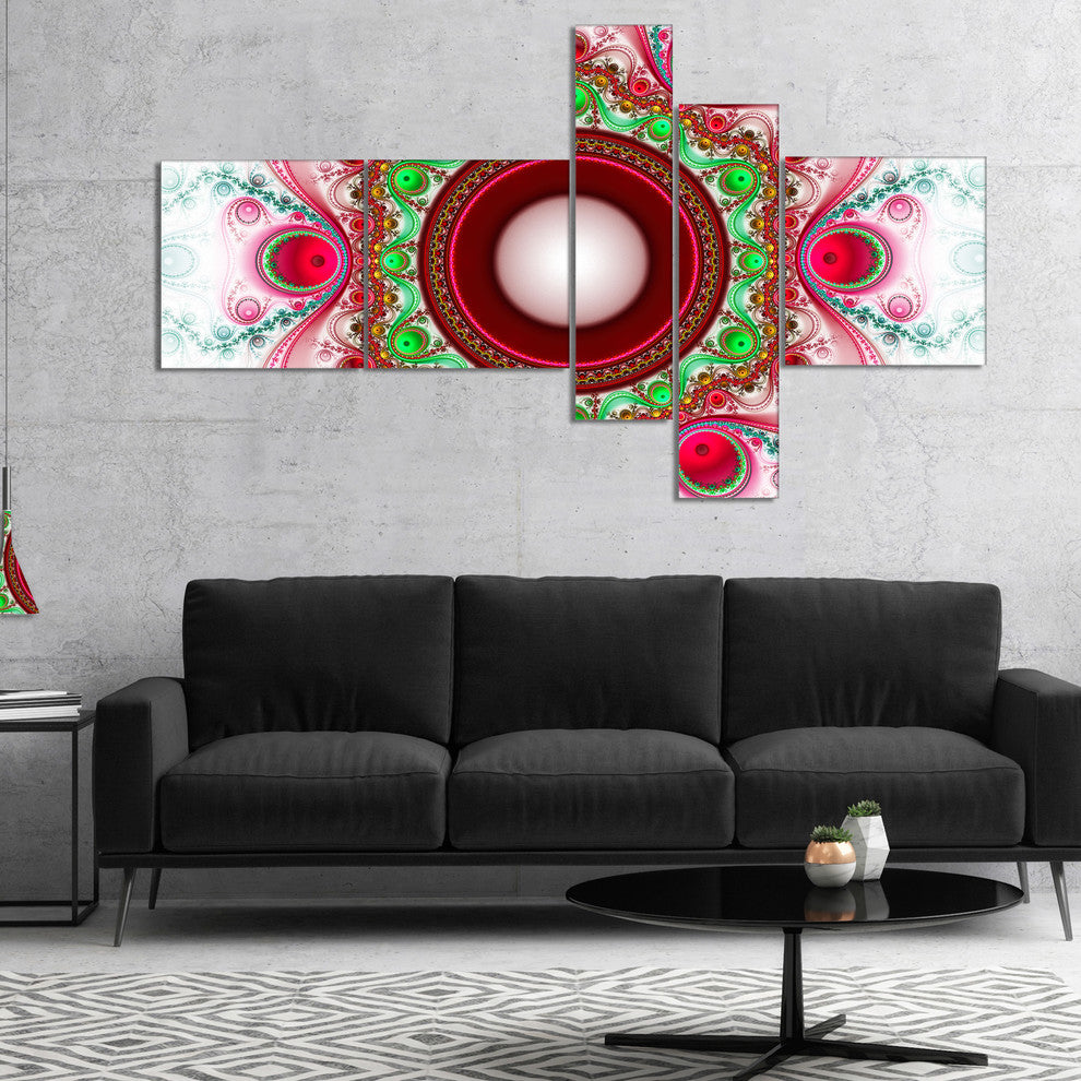 Pink Fractal Pattern with Circles, Abstract Canvas Art Print, 60"x32", 5 panels