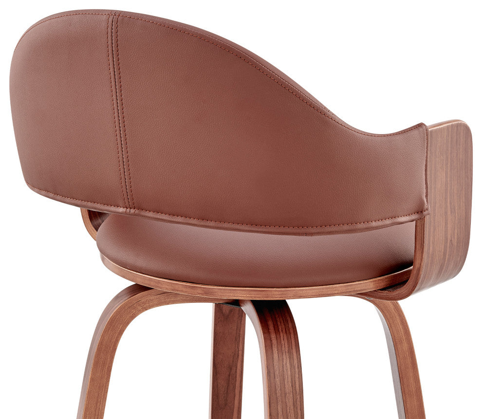 Daxton Faux Leather and Wood Bar Stool, Brown and Walnut, 26"
