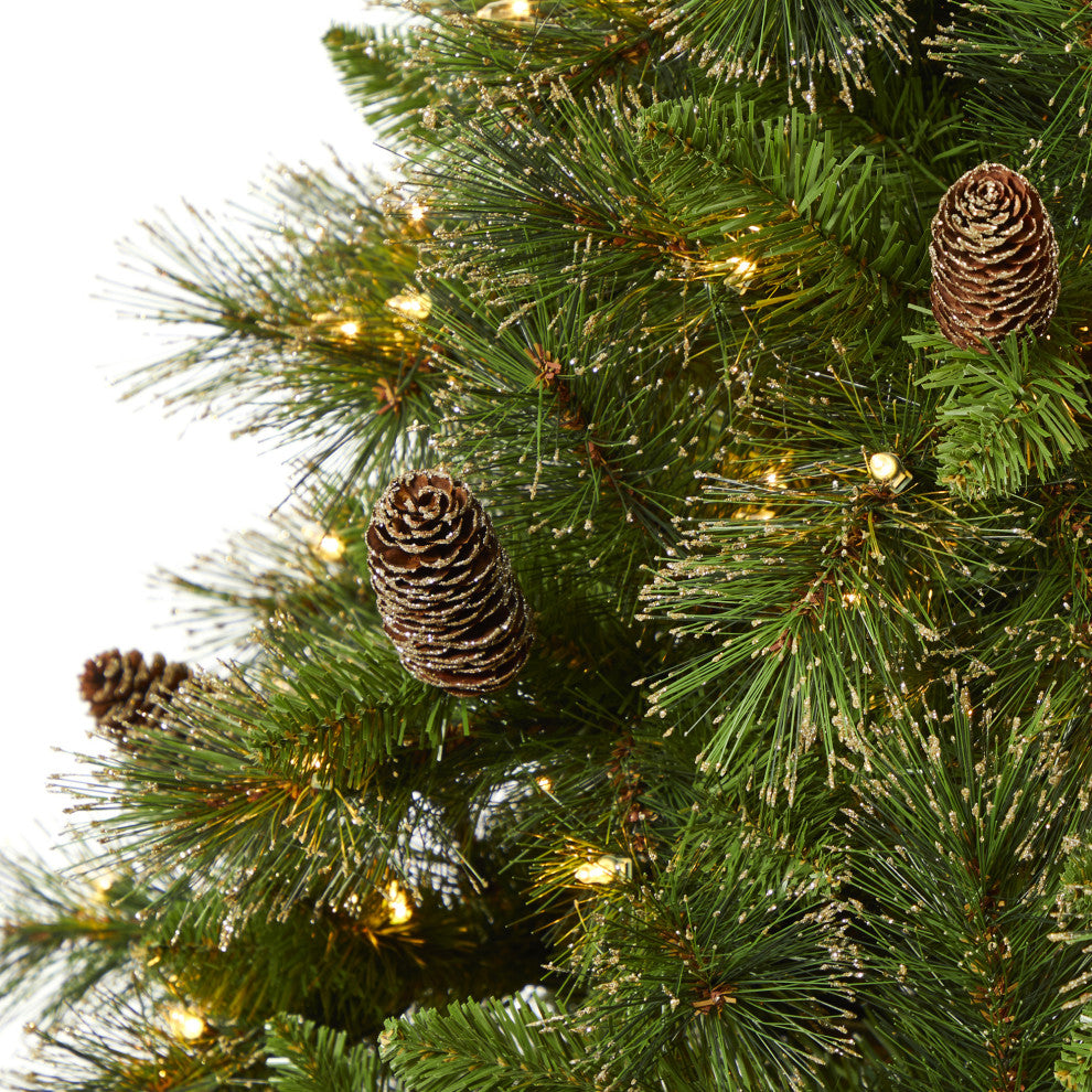 7.5' Golden Washington Pine Faux Xmas Tree W/Lights, Pinecone, Bendable Branches