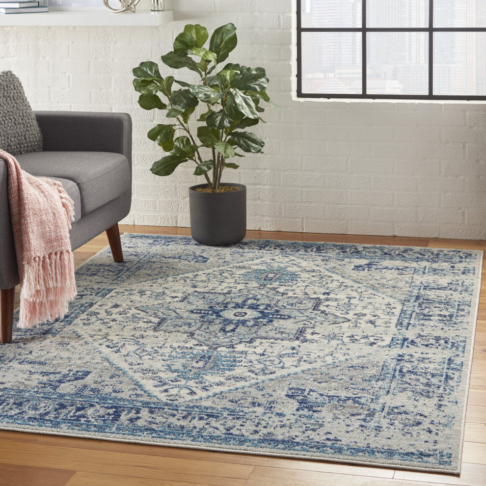 Vintage Area Rug, Classic Medallion Pattern, Ivory/Light Blue, 8'10" X 11'10"