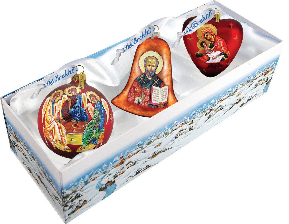 Hand Painted Scenic Glass Ornament Nativity Icon Set Of 3