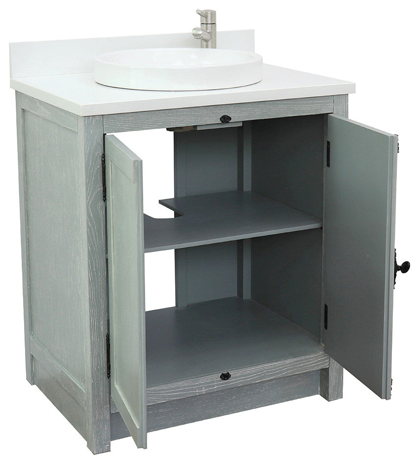 30" Single Vanity, Gray Ash, White Engineered Stone Top, Round Sink