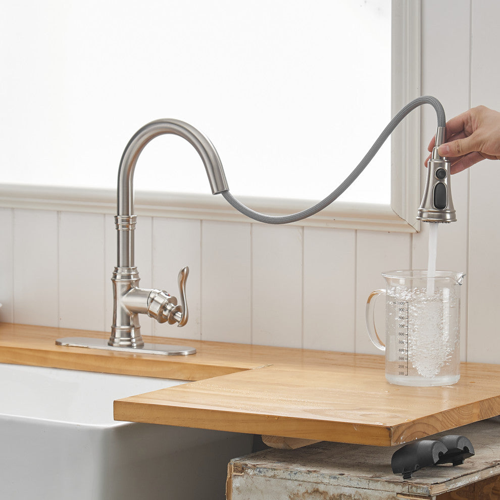 Wellfor Single Level Stainless Steel Kitchen Sink Faucet With Pull down Sprayer, Brushed Nickel