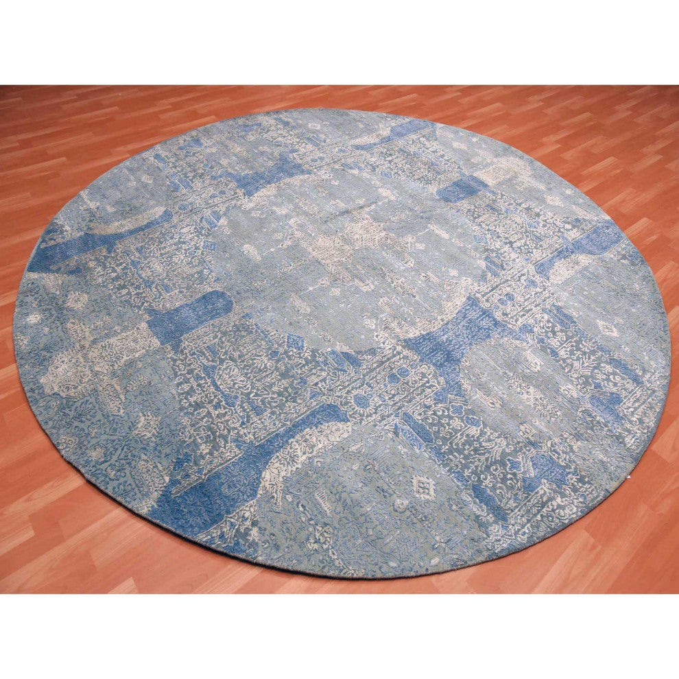 Blue Wool and Silk Jewellery Design Hand Knotted Oriental Round Rug, 10'0"x10'1"