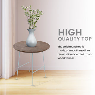 LeisureMod Rossmore Modern Round Side Table With White Steel Frame, Walnut