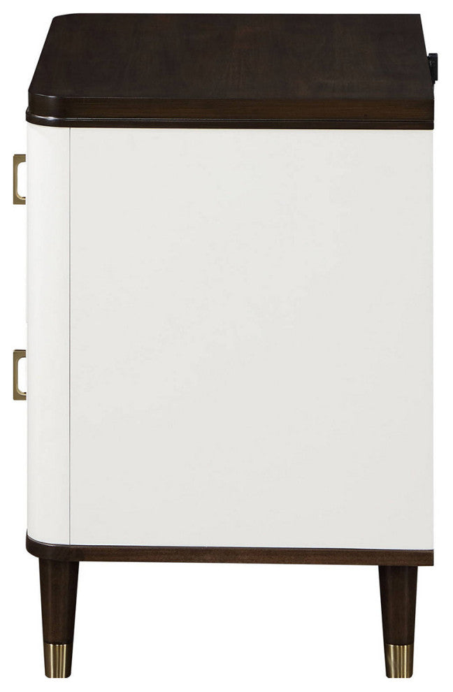 2-Drawers Wooden Nightstand With Metal Handle, White and Brown