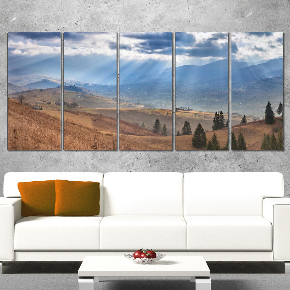 Beautiful Mountain Village View, Large Landscape Canvas Art, 60"x28", 5 Panels