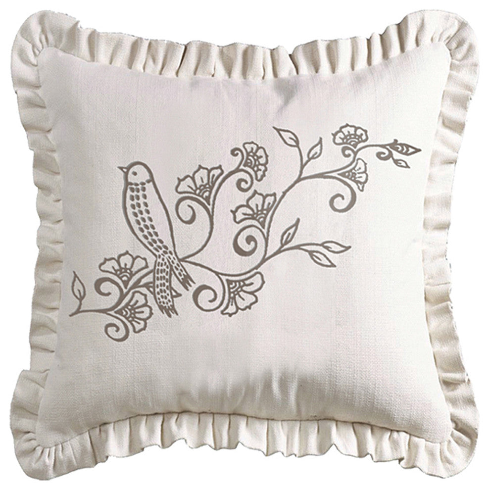 White linen weave ruffled pillow with embroidery detail, 20"X20"