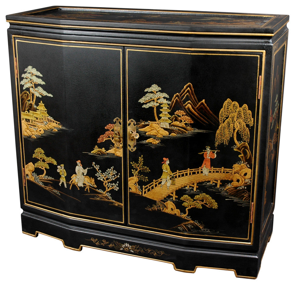 32" Japanese Slant Front Cabinet, Black Landscape