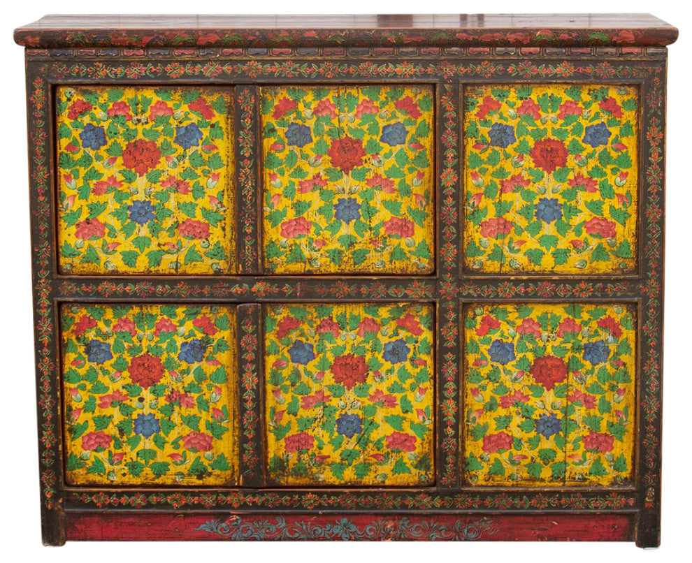 Antique Painted Floral Tibetan Cabinet