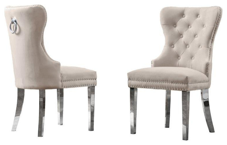 Tufted Cream Velvet Side Chairs with Silver Stainless Steel (Set of 2)