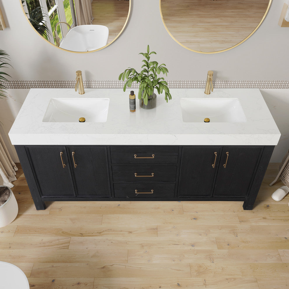 Leon Bath Vanity With Composite Stone Top, Fir Wood Black, 72", With Mirror