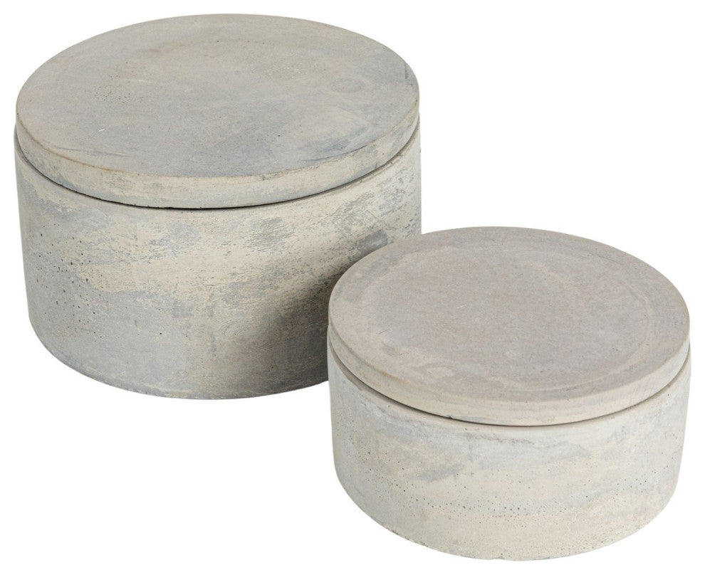 Gray Round Decorative Cement Boxes With Lids, 2-Piece Set