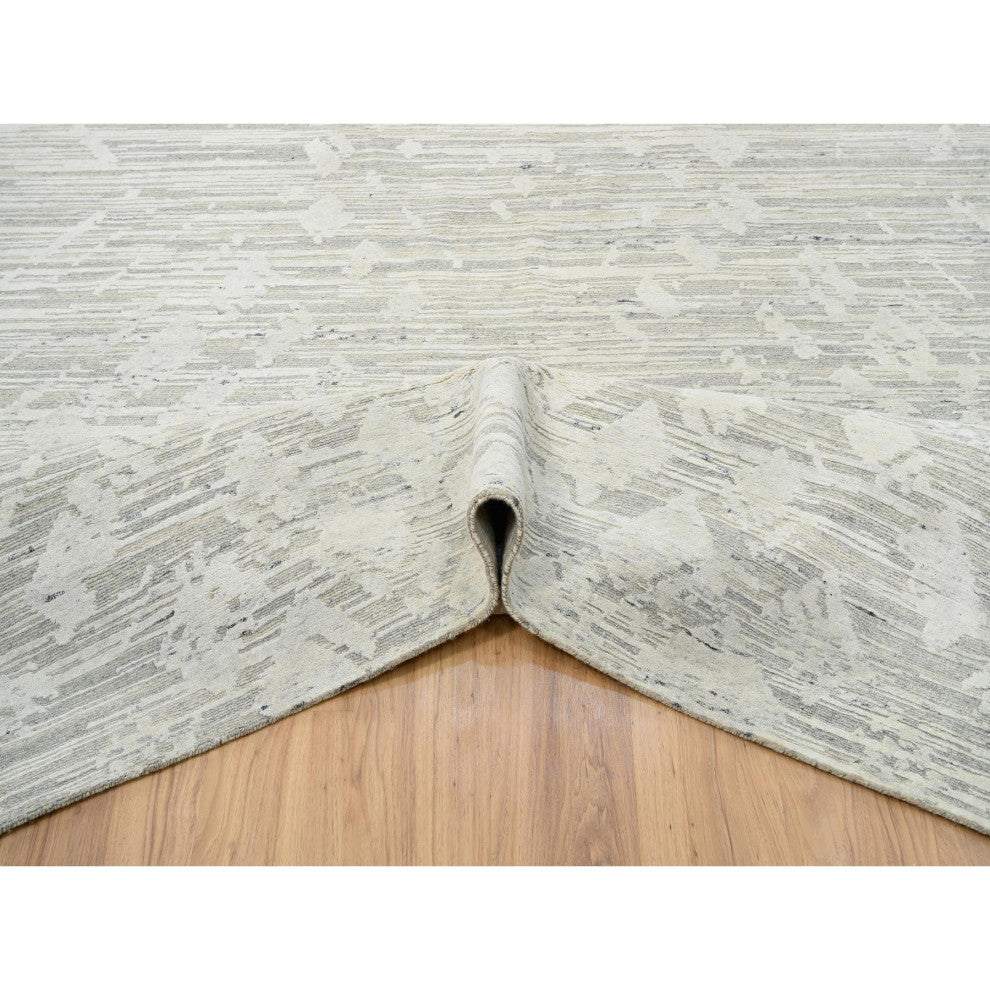 Light Gray Natural Wool Hand Knotted Modern Design Oversized Rug, 14'0"x19'9"