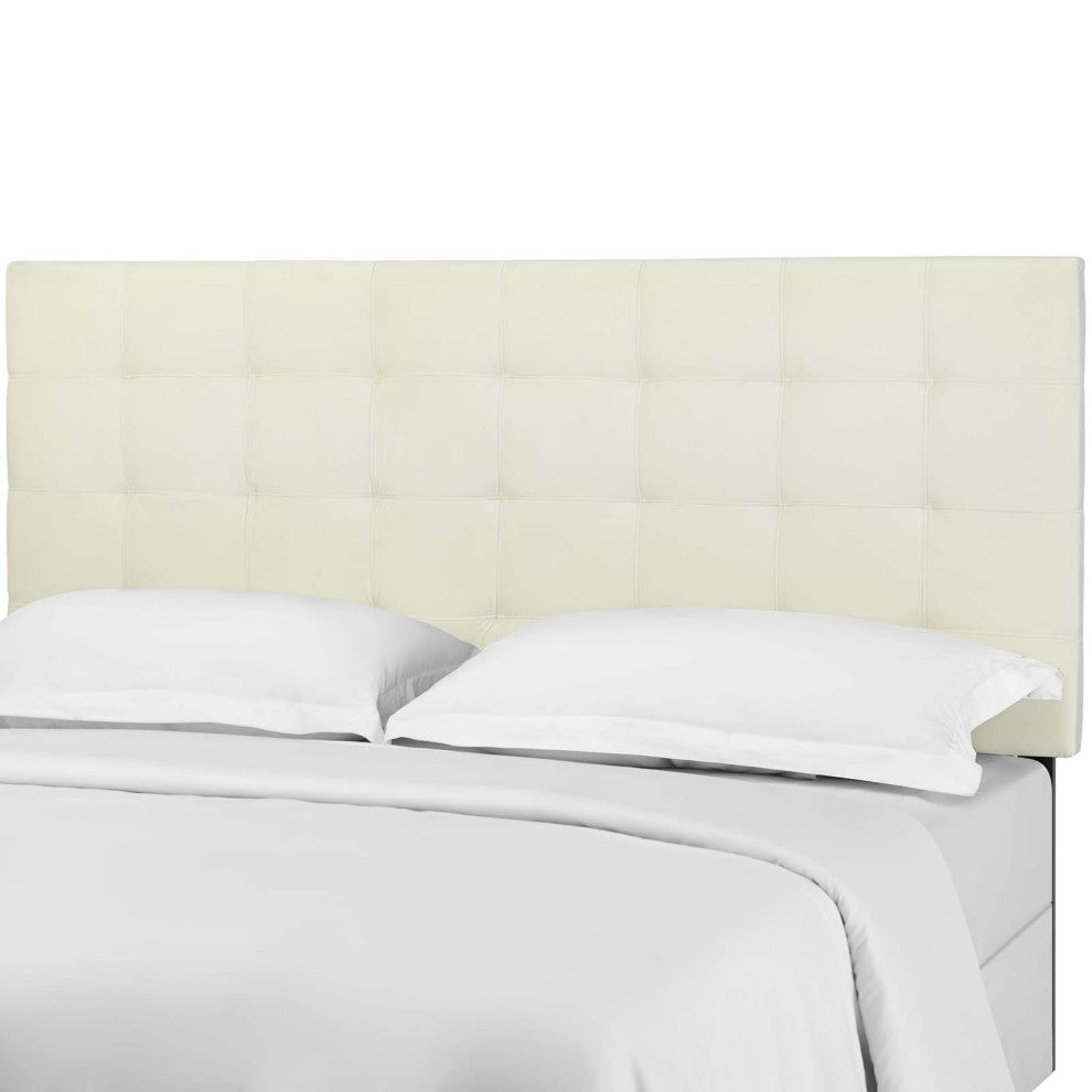 Contemporary Modern Full and Queen Size Tufted Headboard, Velvet, Ivory White
