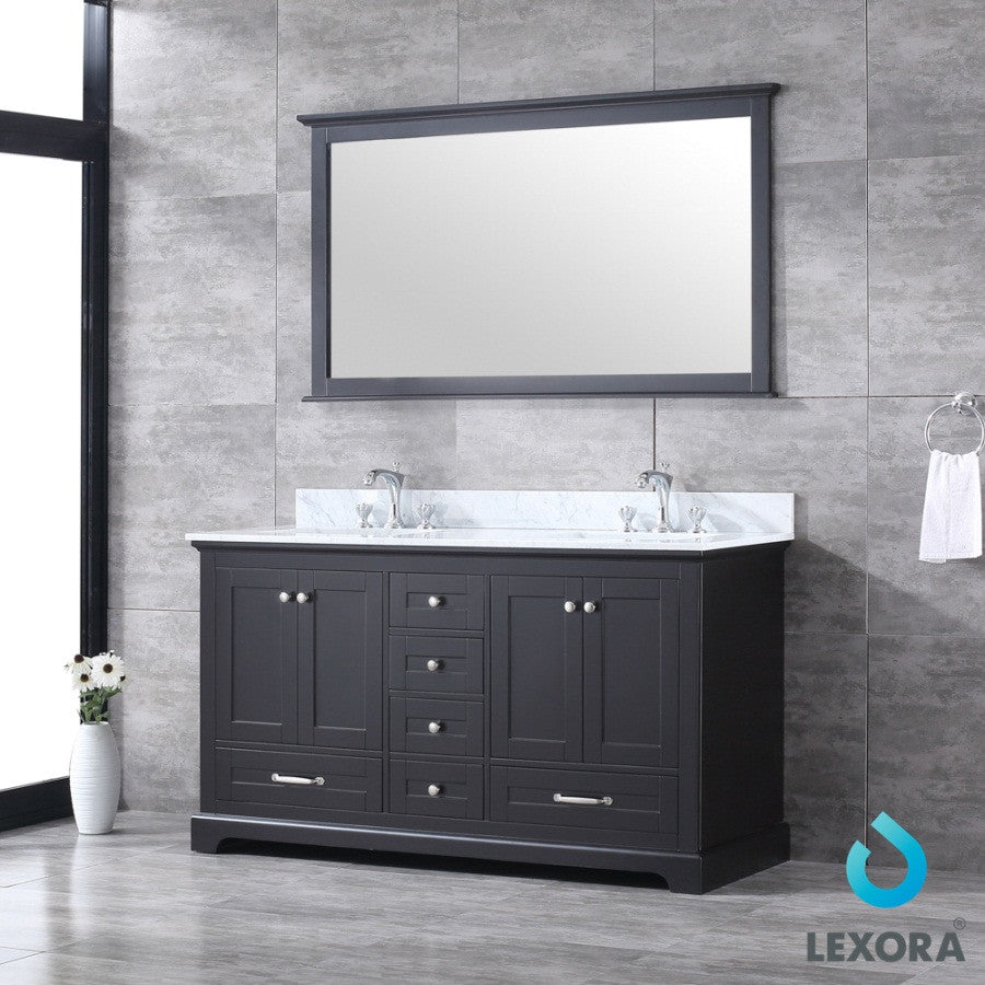 Dukes 60" Espresso Double Vanity Carrara Marble Top Sinks, 58" Wall Mirror