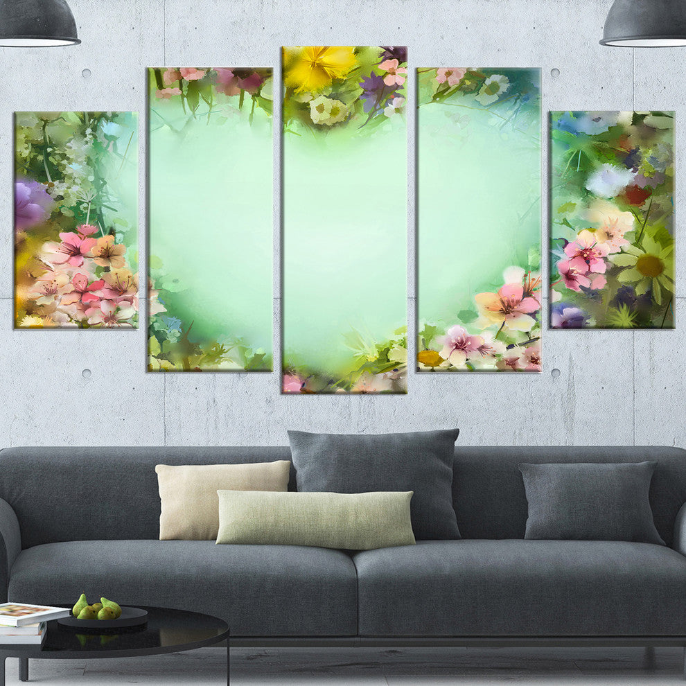 Vintage Flowers with Heart Shape, Large Floral Canvas Artwork, 60"x32", 5 Panels