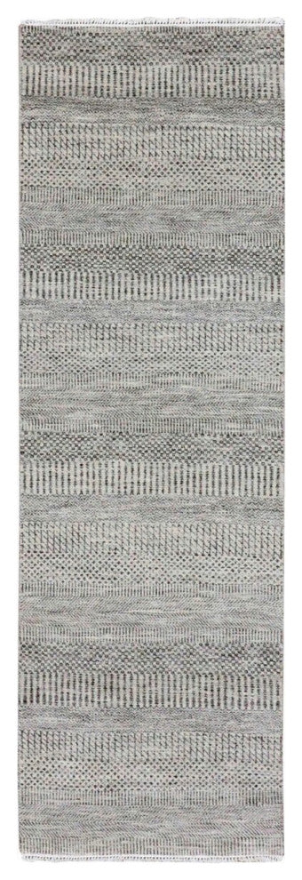 Power Gray Grass Design Hand Knotted Undyed Organic Wool Runner Rug, 2'7"x8'