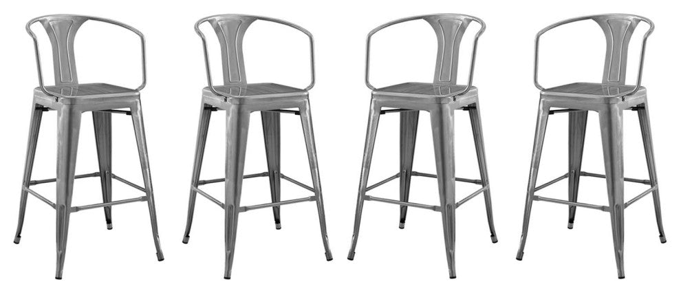 Bar Stool Chair Barstool, Set of 4, Metal, Gunmetal Silver, Modern, Bar Pub