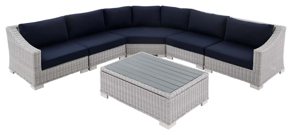 Lounge Sectional Sofa Chair Table Set, Rattan, Gray Blue Navy, Outdoor