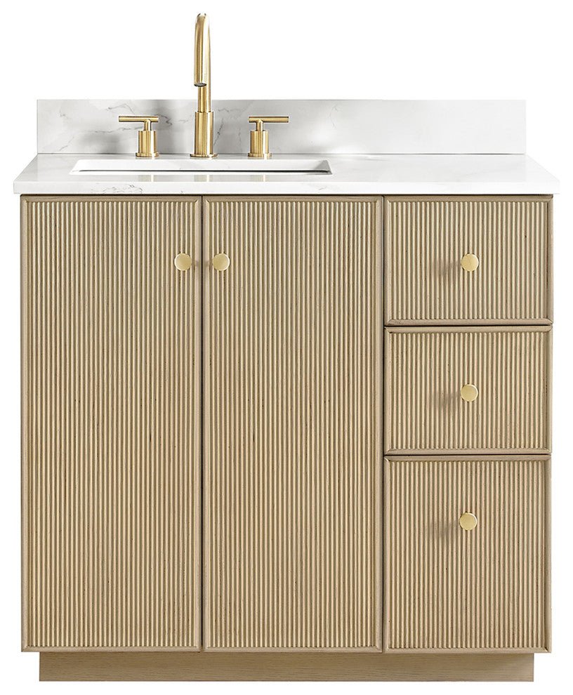 Oza Bath Vanity with Quartz Stone Top, Aged Natural Oak, 36", Single Vanity, No Mirror