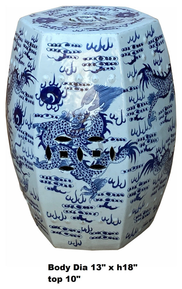 Chinese Blue & White Porcelain Hexagon Double Dragons Table Stool Hcs7004