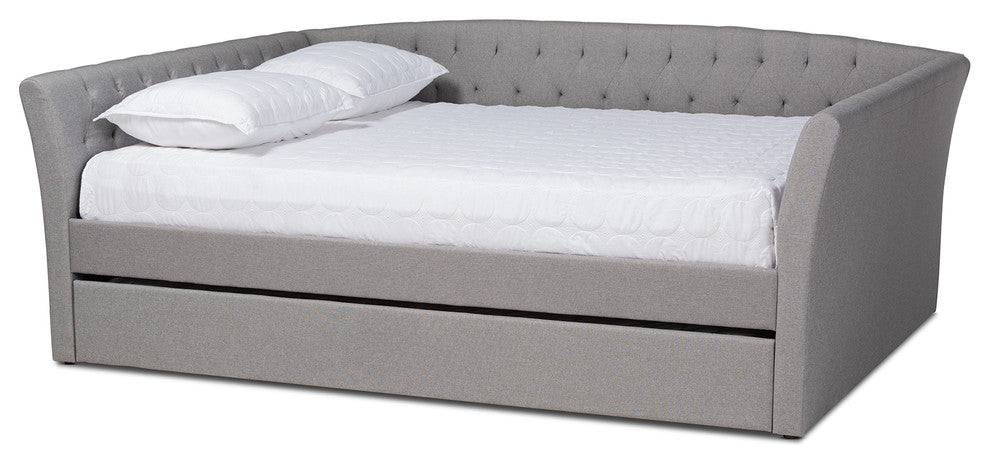 Qintal Fabric Upholstered Queen Size Daybed With Roll-Out Bed, Light Gray
