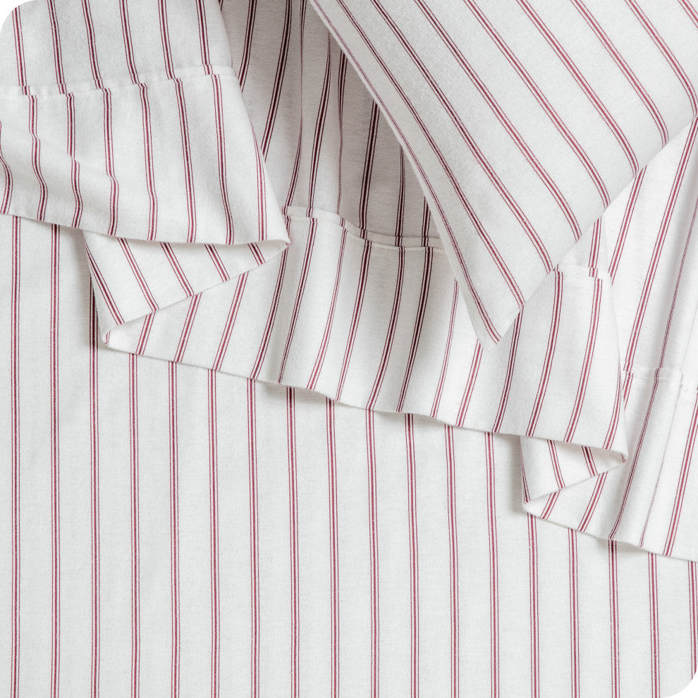 Bare Home Cotton Flannel Sheet Set, Ticking Stripe - White/Burgundy, Twin Xl