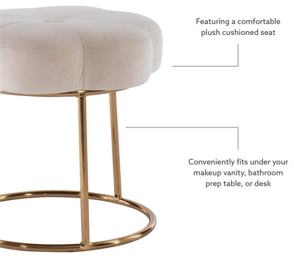 Linon Siena Gold Base Upholstered Flower Shaped Vanity Stool in White Velvet
