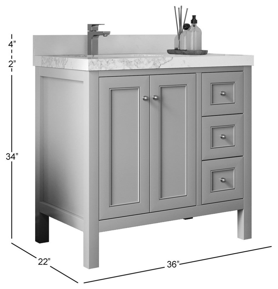 Nashville 36" Left Offset Bath Vanity, White 2" Calacatta Laza