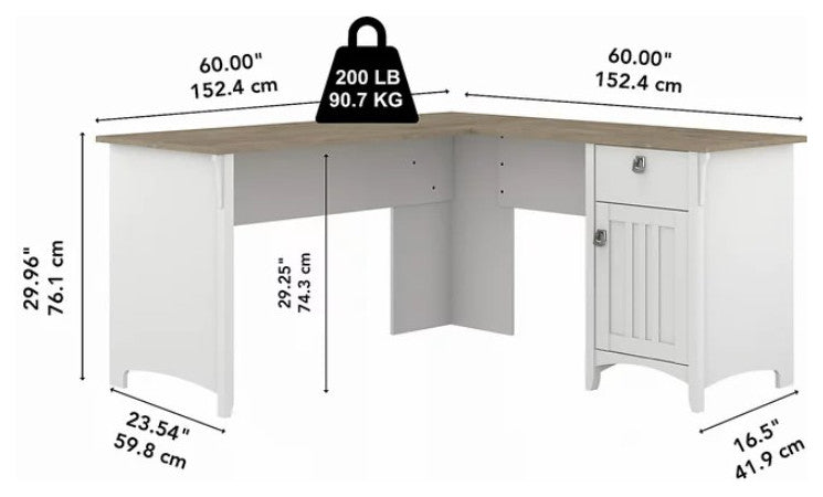 Farmhouse L-Shaped Desk, Single Door Cabinet & Drawer, Shiplap Gray/Pure White