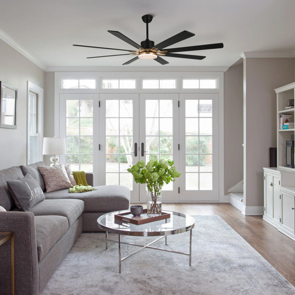 Large 72" Modern 8 Wood Blades Ceiling Fan w Dimmable LED Light Kit , Black