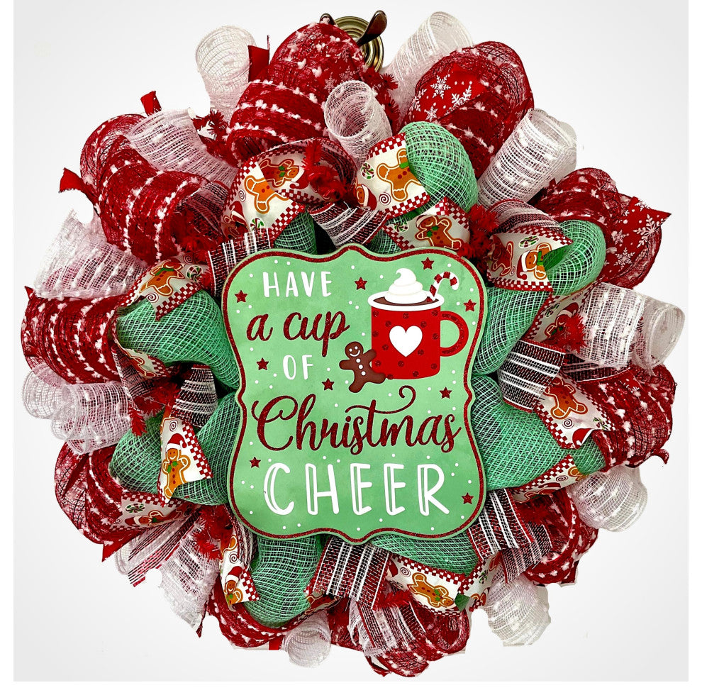 Have A Cup of Christmas Cheer Holiday Wreath Handmade Deco Mesh