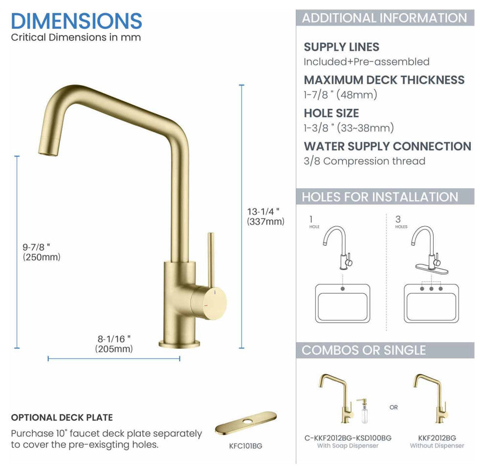 Macon Single Lever Kitchen Bar Faucet, Brush Gold