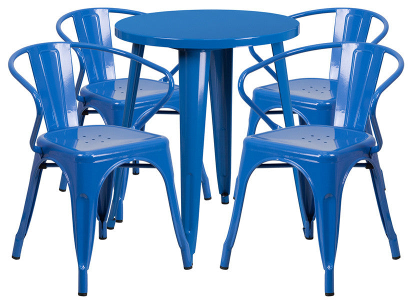 Commercial Grade 24" Round Blue Metal Indoor-Outdoor Table Set with 4 Arm Chairs