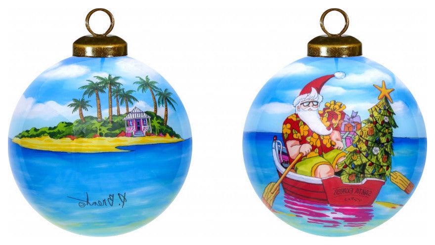 Rowing Santa Express Hand Painted Mouth Blown Glass Ornament
