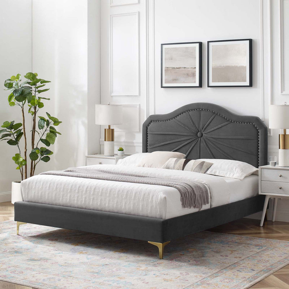 Platform Bed Frame, Twin Size, Velvet, Dark Grey Gray, Modern Contemporary