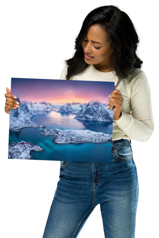 Reine at Winter Sunset Icy Mountain Landscape Photo Loose Wall Art Prints, 11" X 14"
